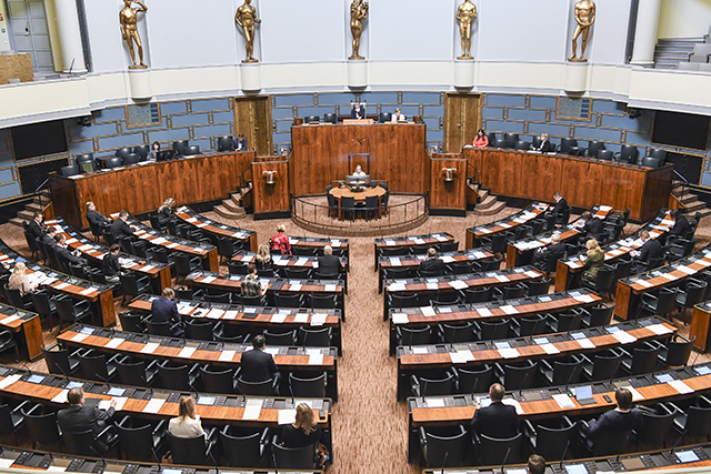 A near empty plenary hall as members attend remotely