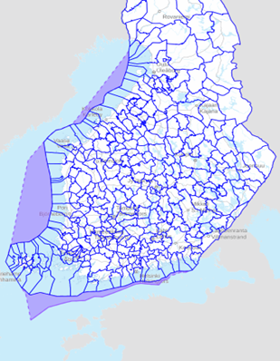 Kartasta ilmenee Suomen kuntajako sekä Suomen talousvyöhykkeen kolme osa-aluetta. Osa-alueet sijaitsevat Perämerellä, Selkämerellä sekä Suomenlahden ja Pohjoisen Itämeren muodostamilla alueilla.