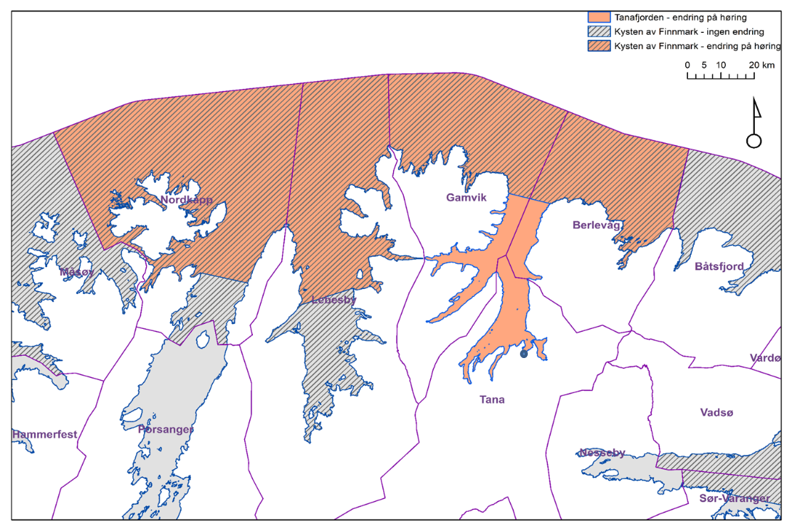 Det förbudsområde som fastställdes för fiske längs Norges kust 2021–2023 för att möjliggöra återhämtning för laxbestånden i Tana älvs vattendrag.