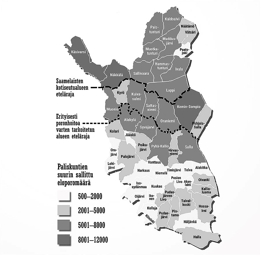 Av bilden framgår att renbeteslagens största tillåtna antal livrenar i renskötselområdets södra delar är 500–5000 och i de norra delarna i huvudsak 5000–12000.